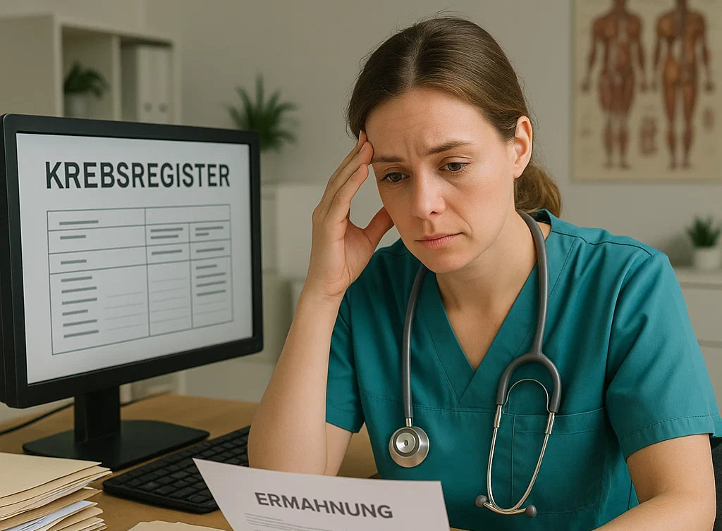Besorgt schauende Ärztin schaut sich einen Mahnung vom Krebsregister an.